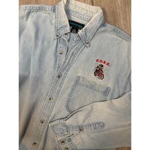 Vintage 90's Denim Shirt Embroidered Pig Biker Hog Logo‎ Large Casual Harley